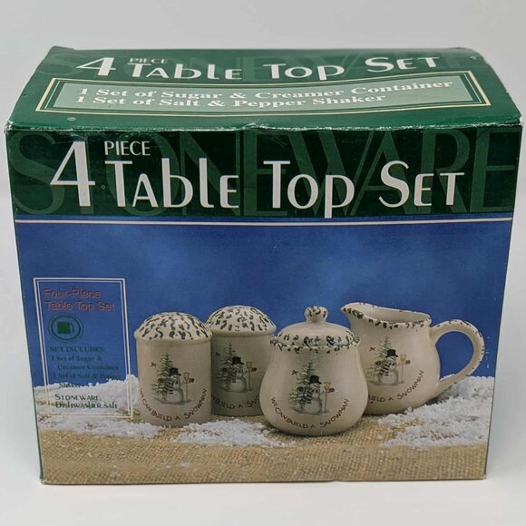 NEW Stoneware We Can Build A Snowman 4 Piece Set Sugar Creamer Salt Pepper NIB - Picture 1 of 7